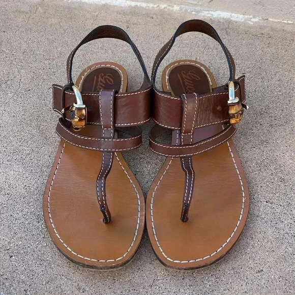 GUCCI Brown Leather Sandals Bamboo Buckle Straps Sz 36.5 - Picture 2 of 11